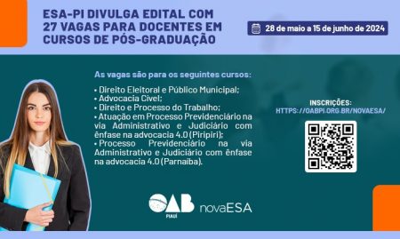 ESA-PI divulga edital com 27 vagas para docentes em cursos de pós-graduação